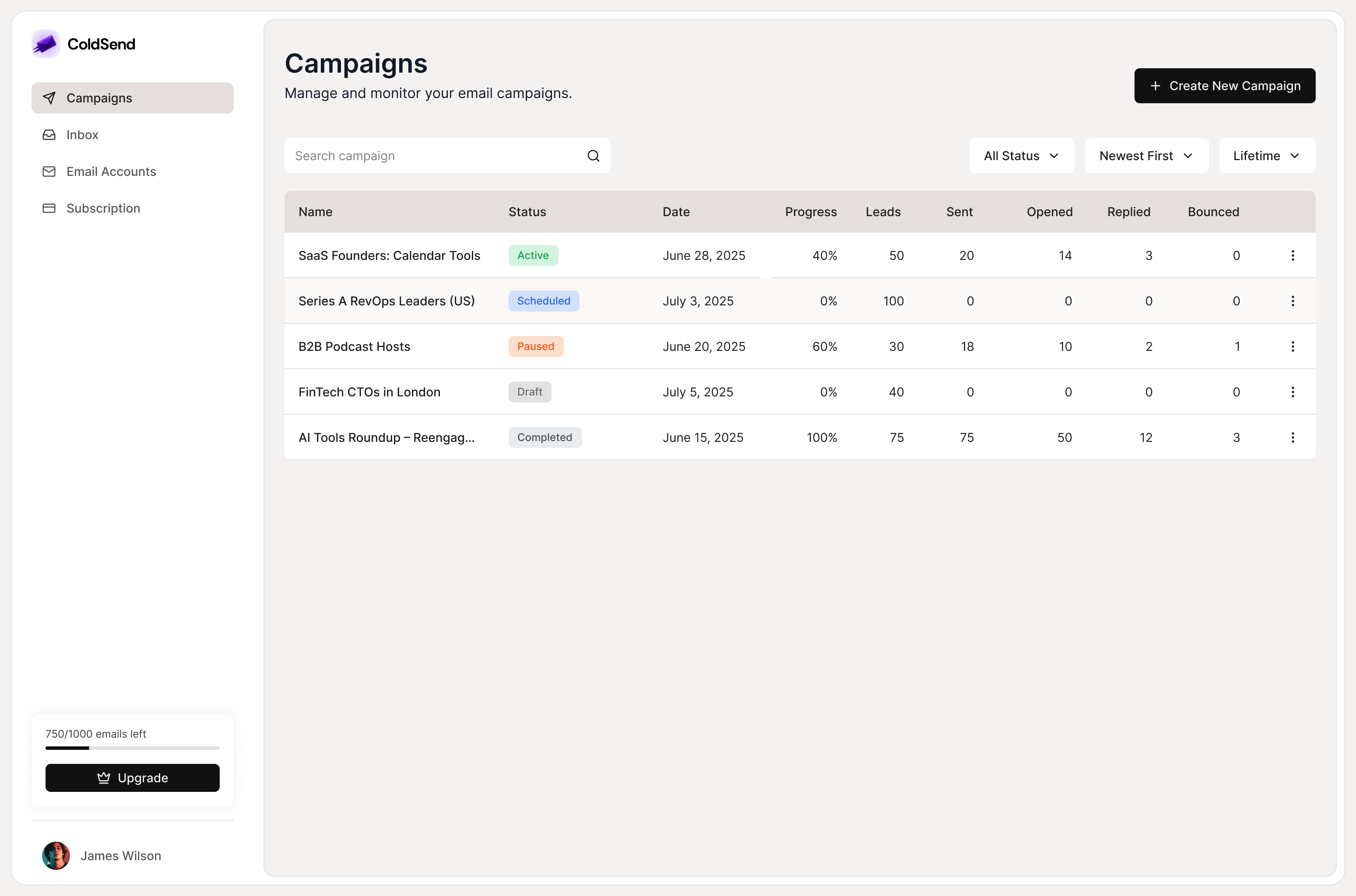 ColdSend Dashboard Interface