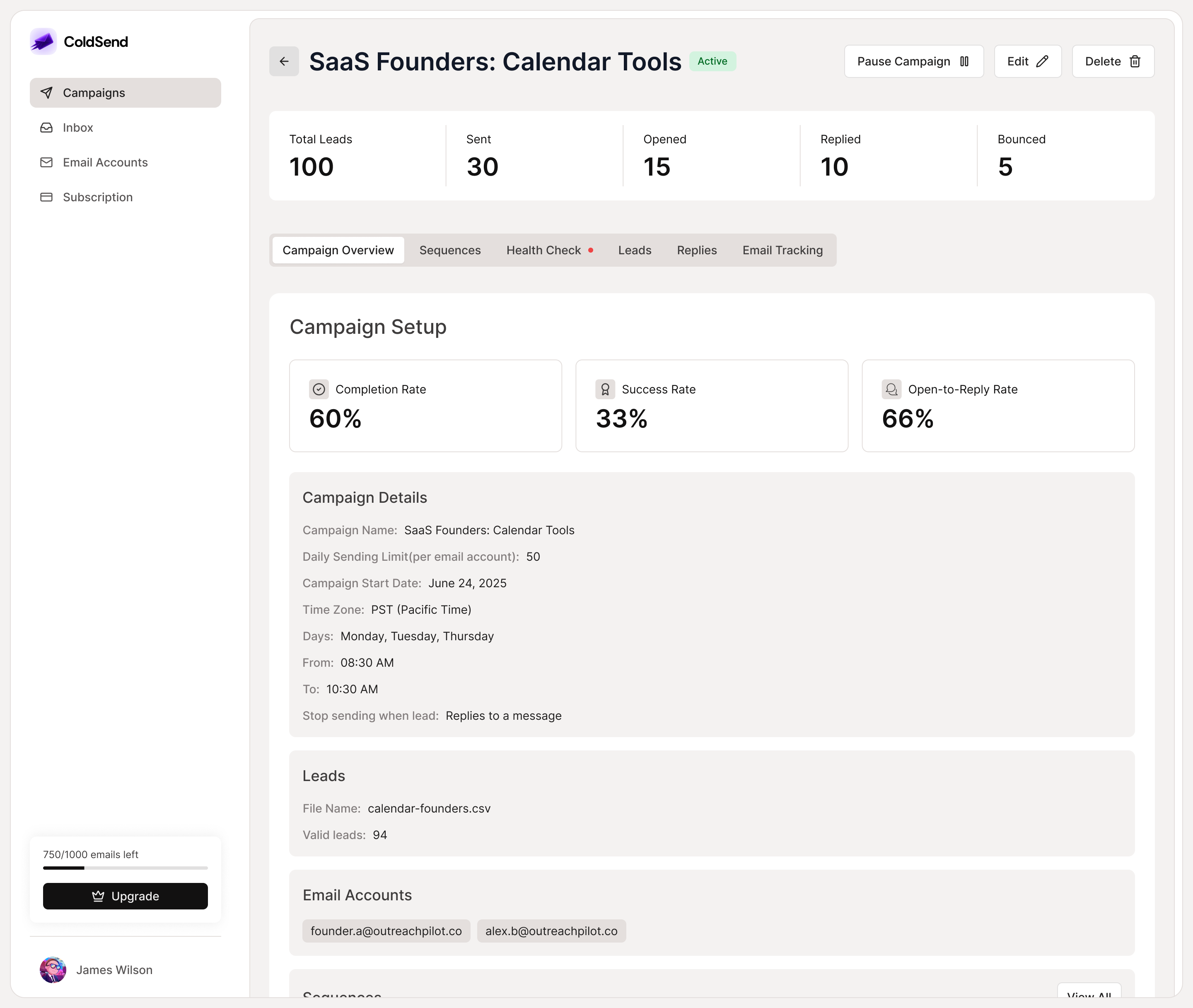 ColdSend Dashboard Interface